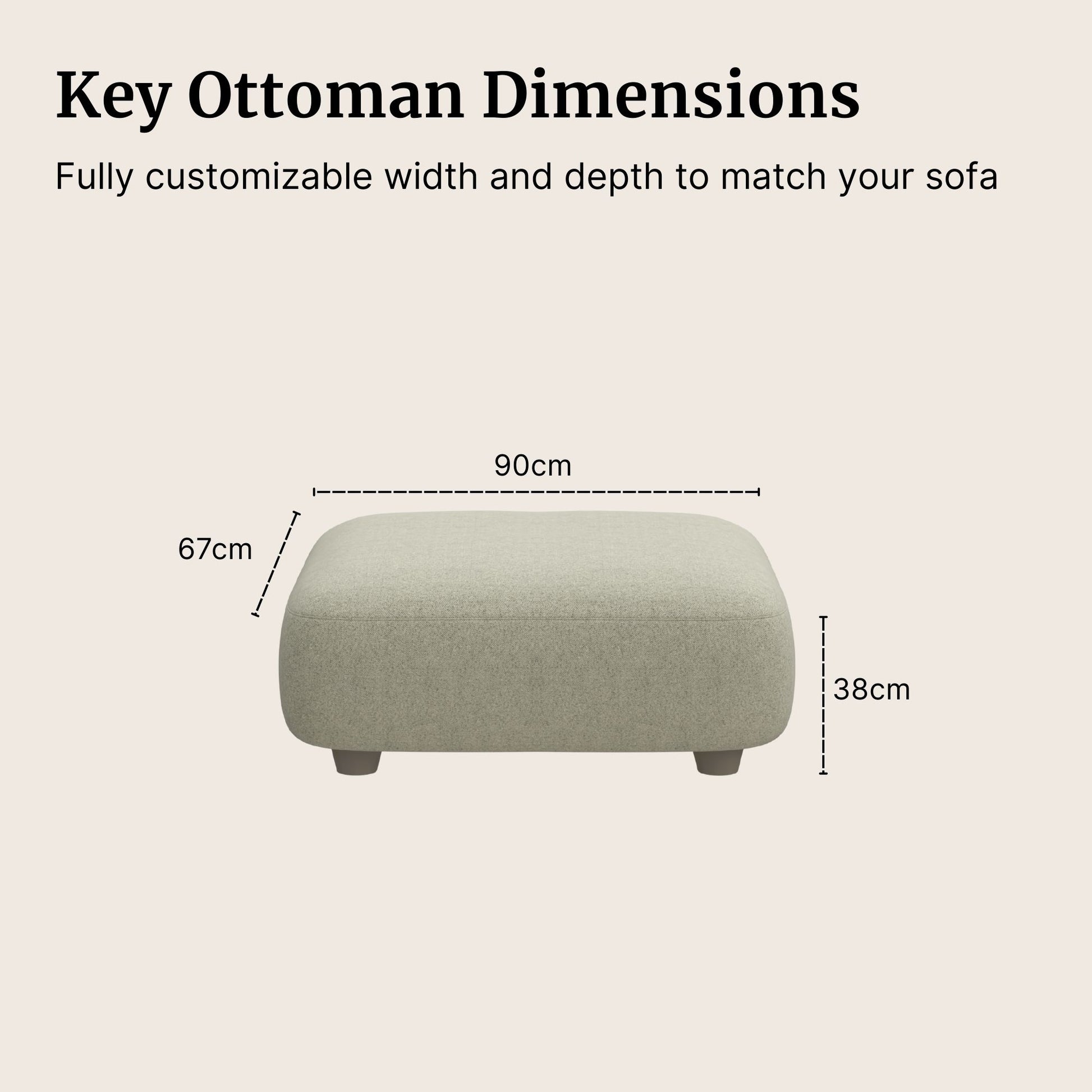 Charmy fabric ottoman with dimensions labeled on a beige background