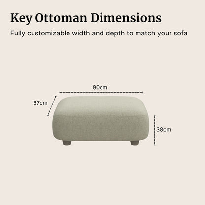 Charmy fabric ottoman with dimensions labeled on a beige background