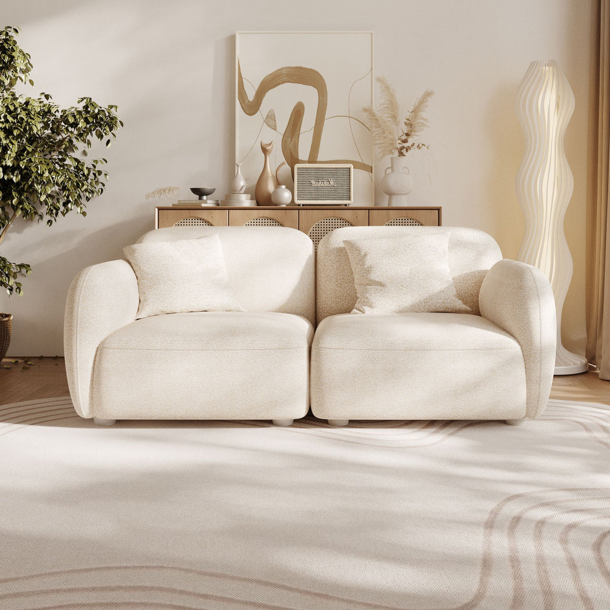 Beige sofa in a modern living room with decor elements.
