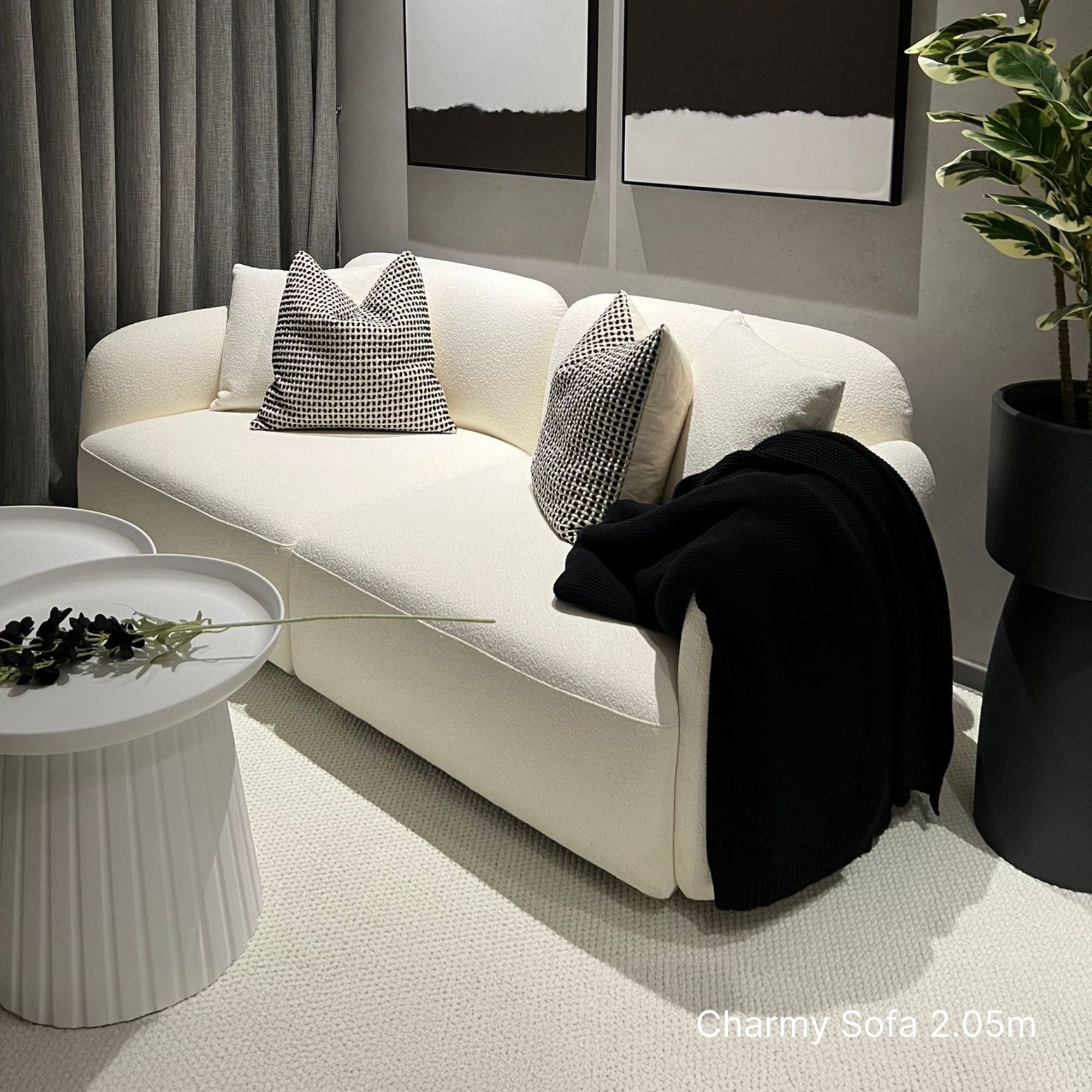 3 seater Charmy fabric sofa in white boucle fabric at 205cm real home sample photo