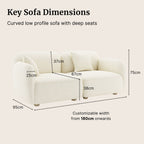 Charmy white fabric sofa with dimensions such as seat height, seat depth and backrest height labeled on a beige background