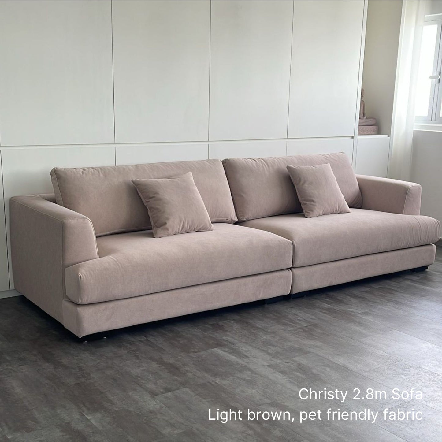 Light brown pet friendly 4 seater 280cm Christy fabric sofa in a minimalistic room.