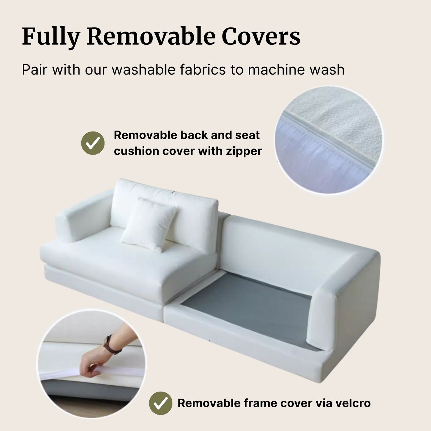 Christy white fabric sofa with text about fully removable covers and machine washability.