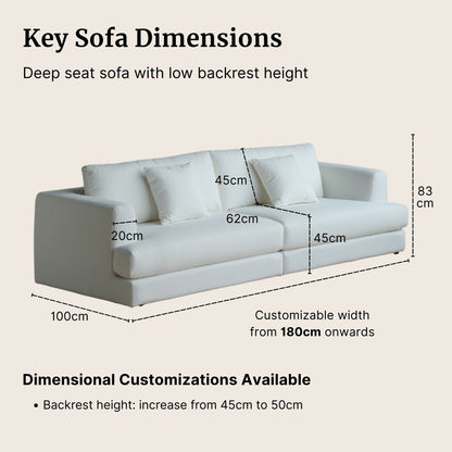 Christy white fabric sofa with dimensions labeled on a beige background