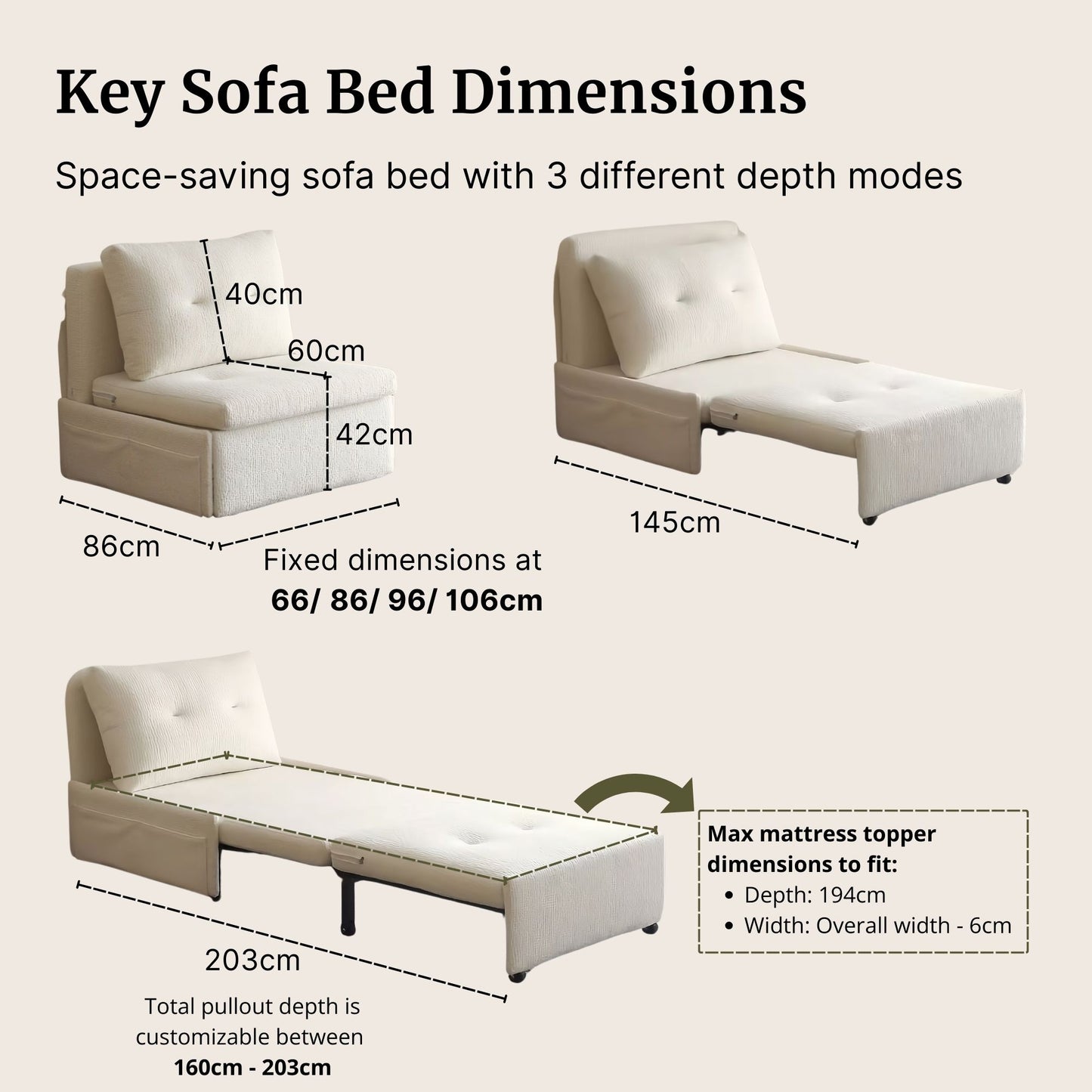 Dimensions of a space-saving sofa bed with various measurements on a beige background
