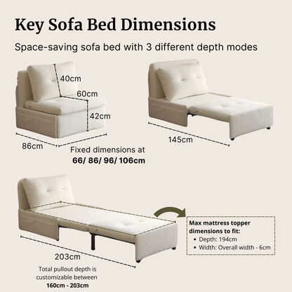Dimensions of a space-saving sofa bed with various measurements on a beige background