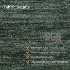 Textured green fabric with SGS certification and fabric details on a green background