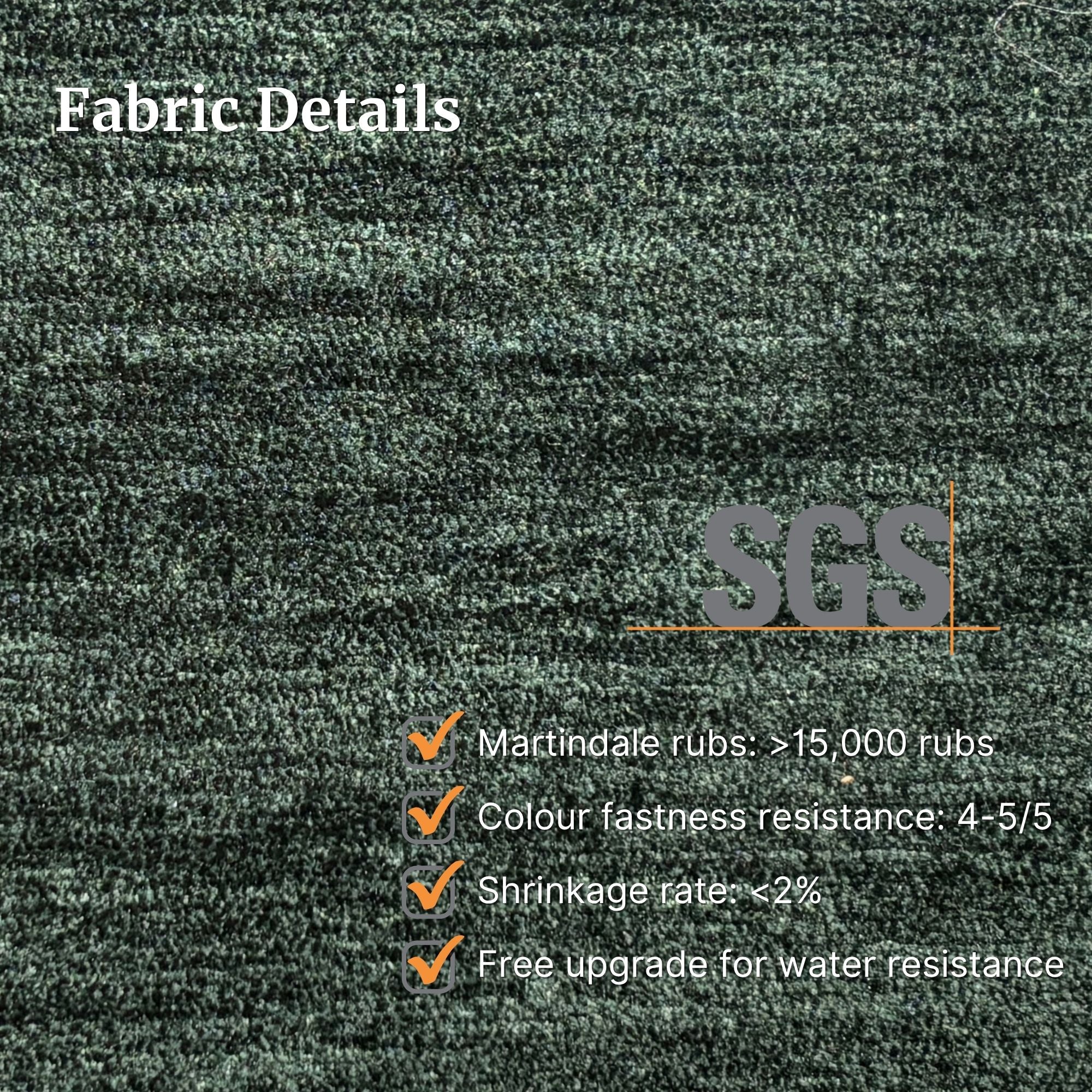 Textured green fabric with SGS certification and fabric details on a green background