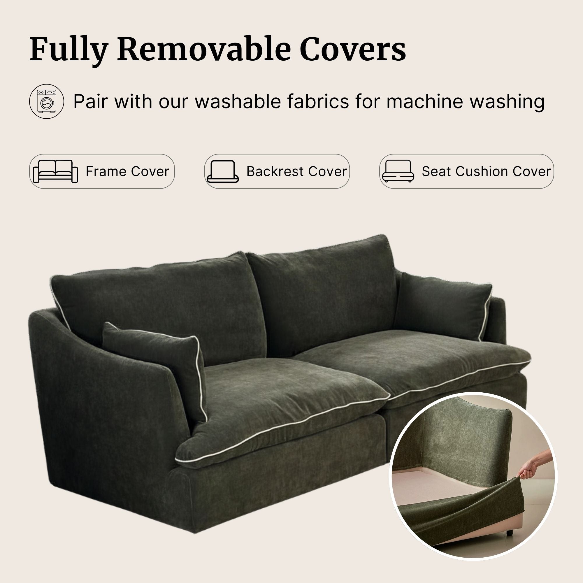 Dark green sofa with detachable covers on a beige background