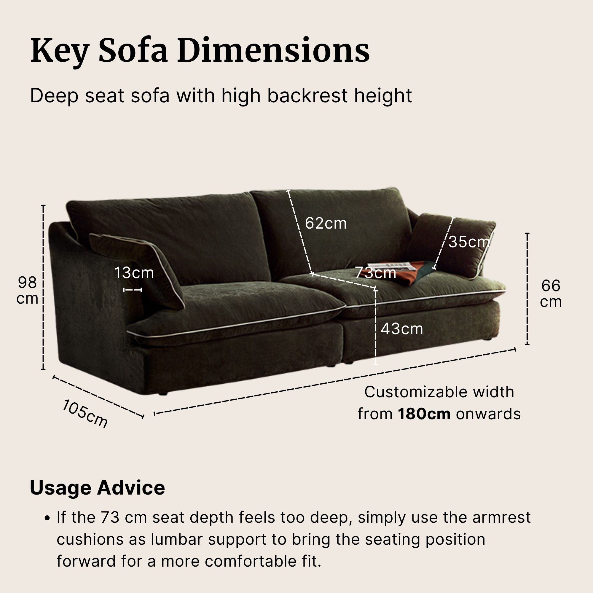 Green sofa with dimensions labeled on a beige background