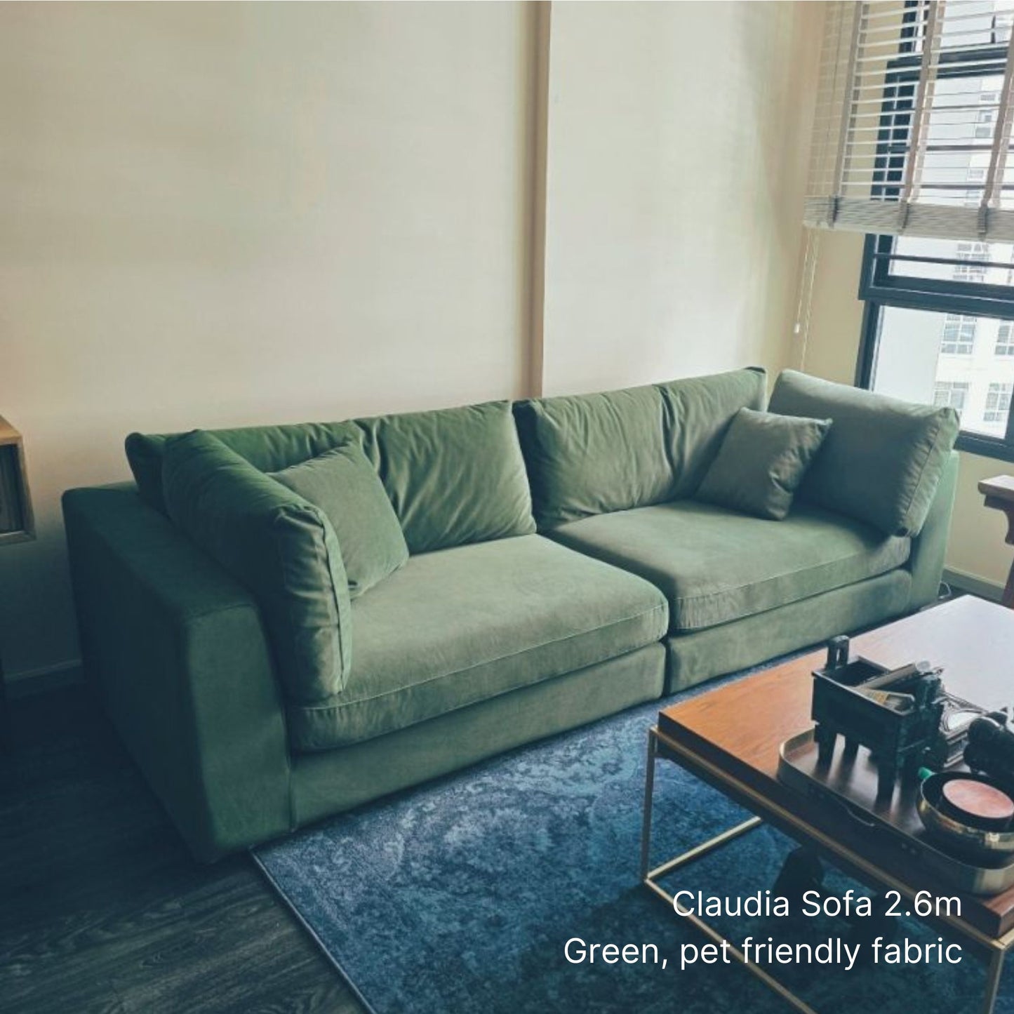 Green sofa in a living room with a coffee table and window blinds.