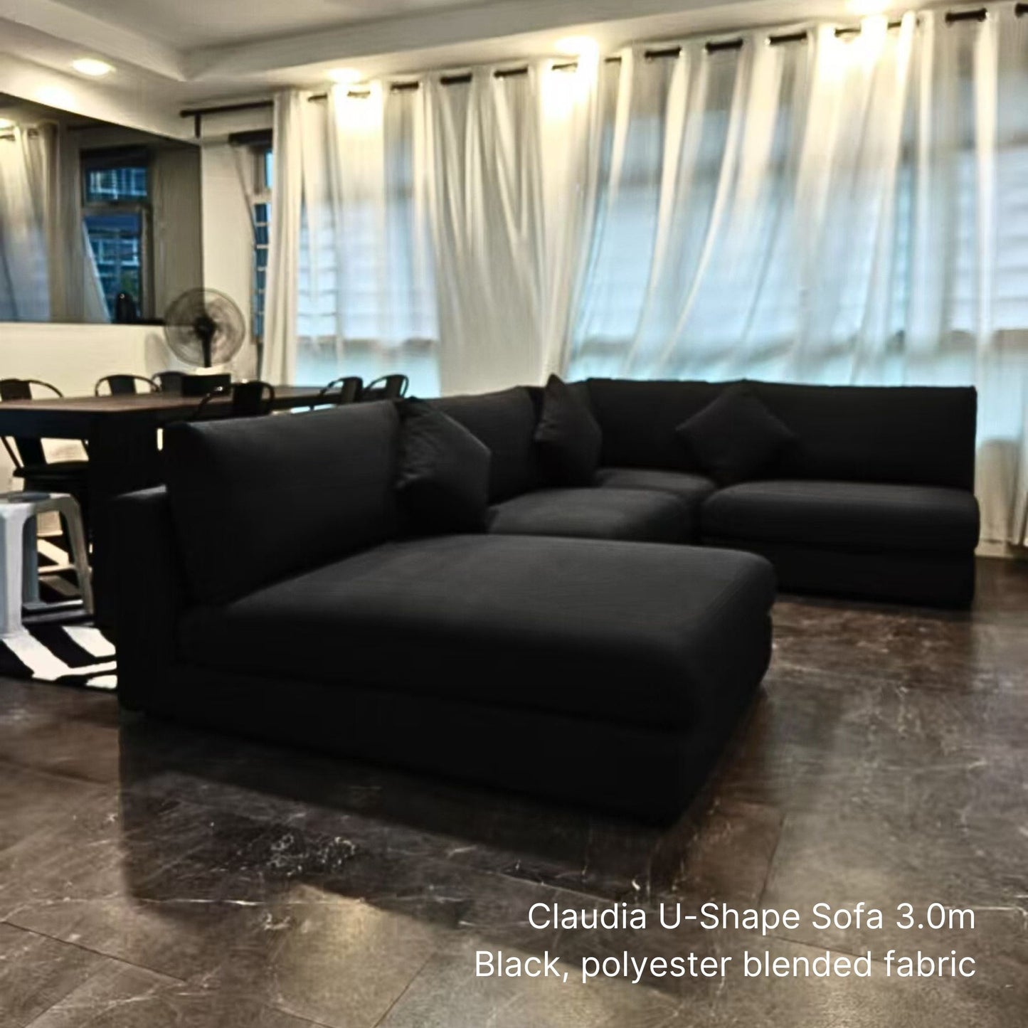 Claudia U shaped sectional sofa with left chaise at 300cm in black fabric sample