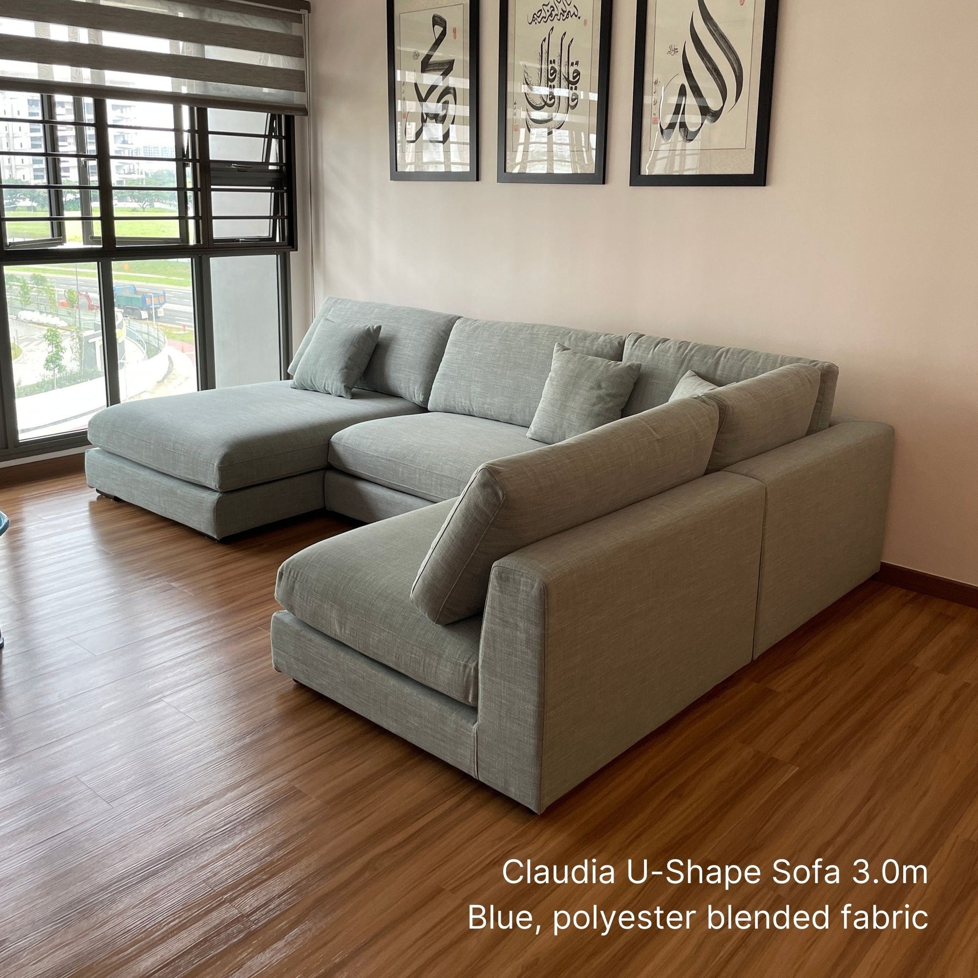 Claudia fabric U shaped sectional sofa with left chaise at 300cm in blue polyester blended fabric sample