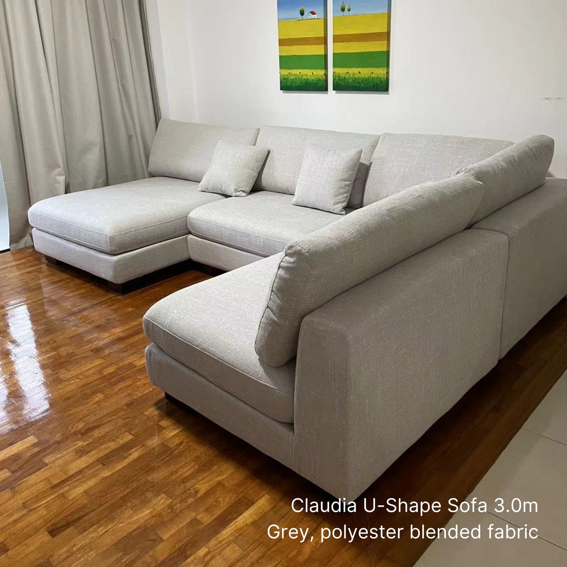 Claudia fabric U shaped sectional sofa with left chaise at 300cm in grey poylester blended fabric sample