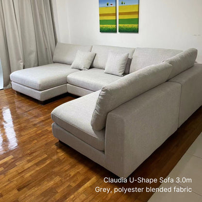 Claudia fabric U shaped sectional sofa with left chaise at 300cm in grey poylester blended fabric sample