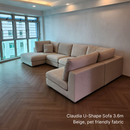 Claudia fabric U shaped sectional sofa with left chaise at 360cm in beige pet friendly fabric and higher backrest height