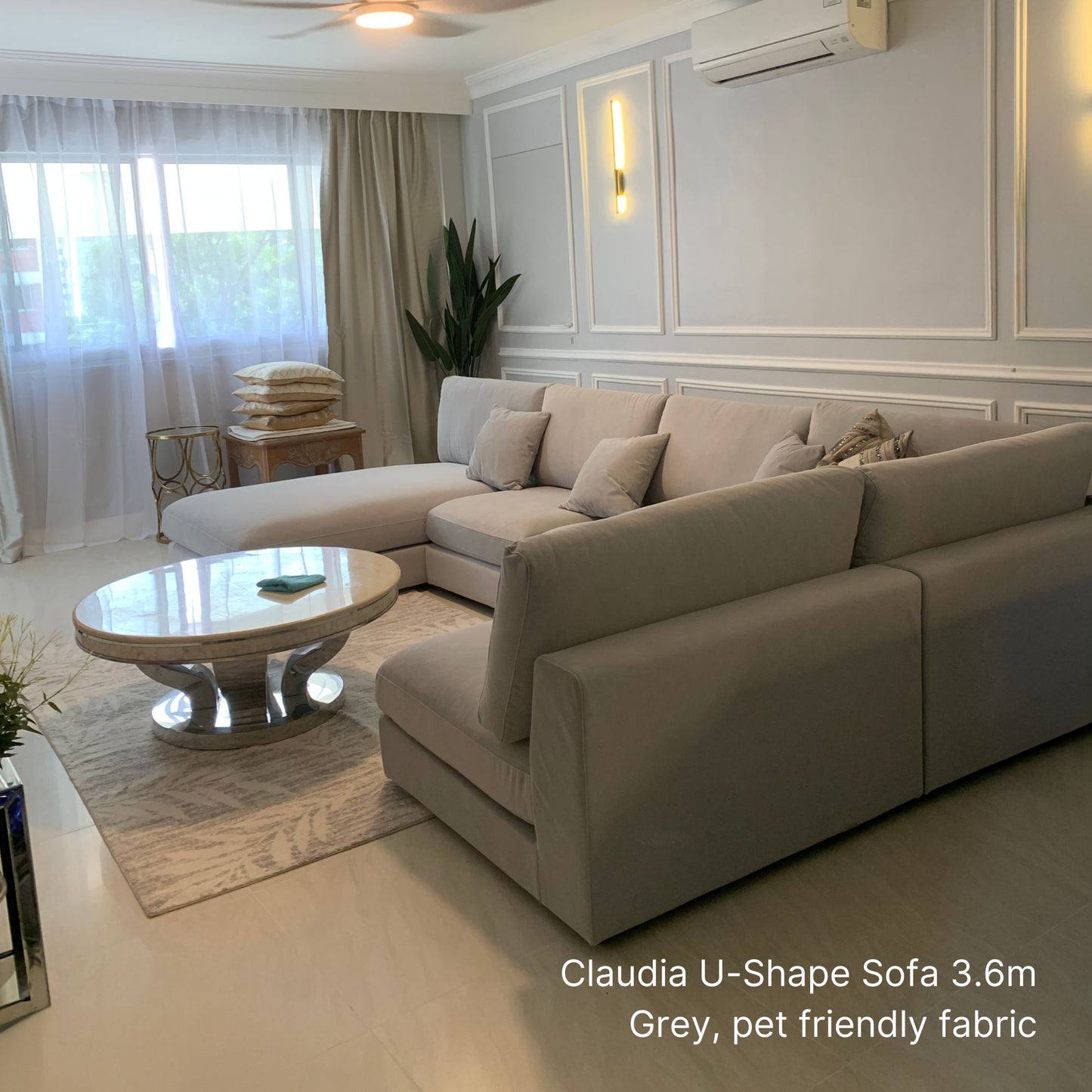 Claudia fabric U-shaped sectional sofa at 360cm with left chaise in grey pet friendly fabric