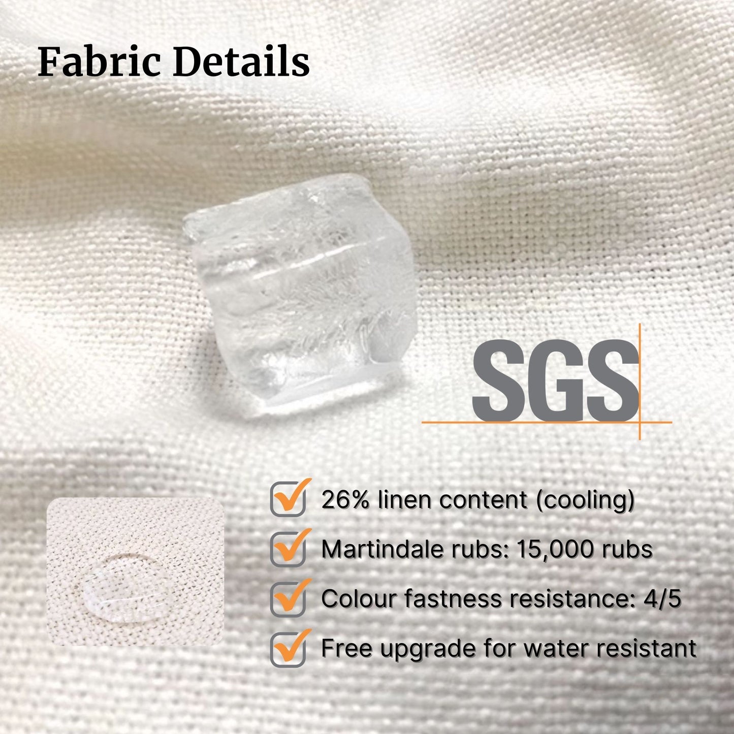 Fabric compositions and SGS test reports for items such as martindale rubs and colour fastness for default white fabric used on Claudia u-shaped sectional sofa