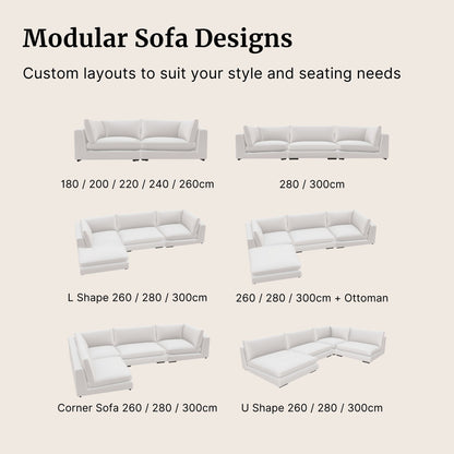 Modular sofa designs with customizable layouts on a beige background for Claudia sofa collection
