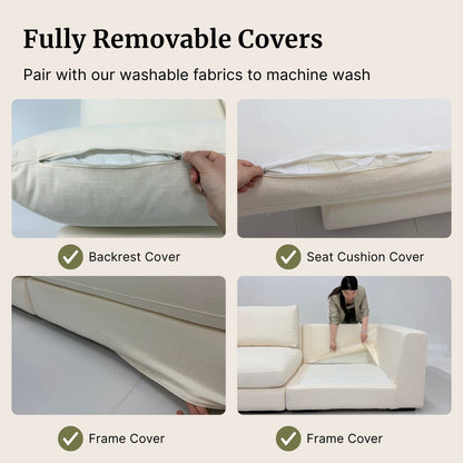 Woman holding a cover over a sofa with text about fully removable covers and machine washability.