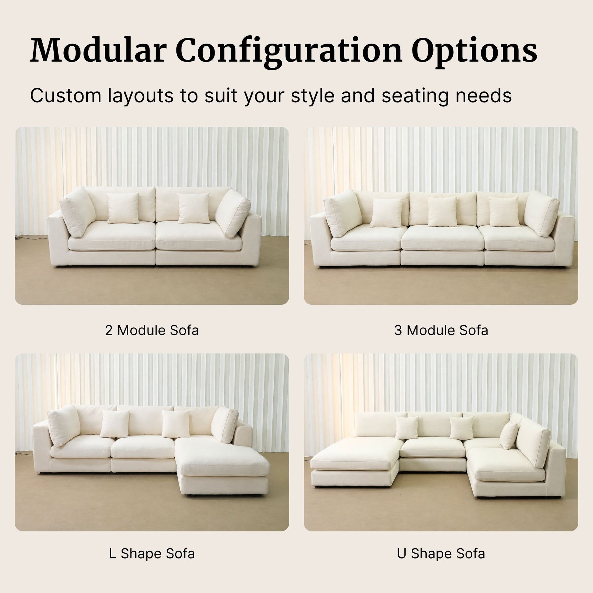 Modular sofa designs with customizable layouts on a beige background