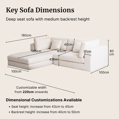 White sectional sofa with dimensions labeled on a beige background