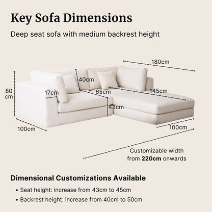 White sectional sofa with dimensions labeled on a beige background