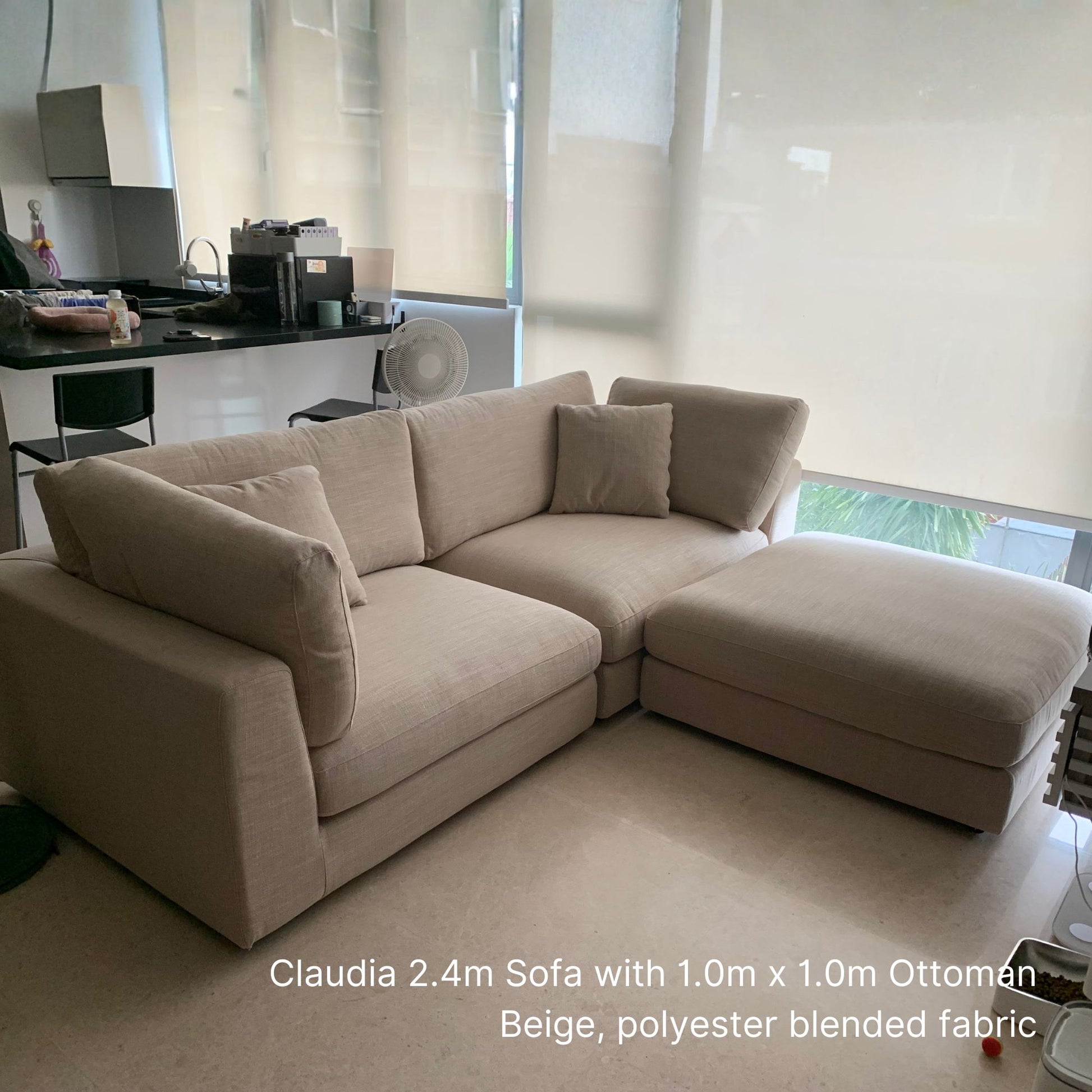 Claudia 100cm x 100cm fabric ottoman in beige polyester blended fabric together as a set with a 240cm Claudia fabric sofa