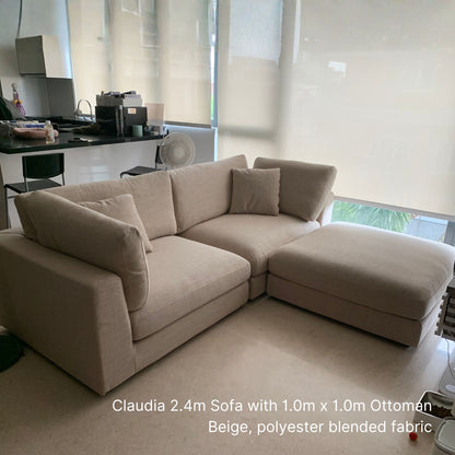 Claudia 100cm x 100cm fabric ottoman in beige polyester blended fabric together as a set with a 240cm Claudia fabric sofa