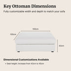 Claudia fabric ottoman dimensions and customizable options on a beige background