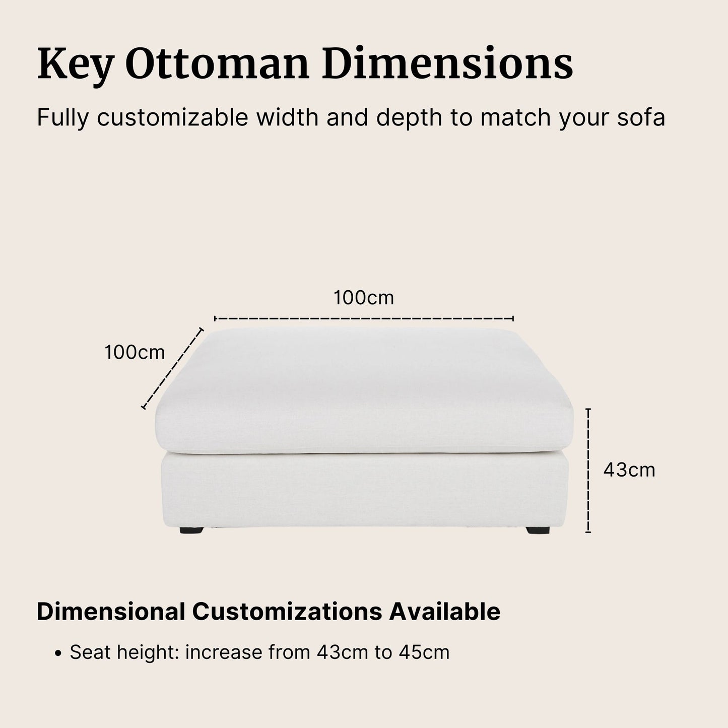 Claudia fabric ottoman dimensions and customizable options on a beige background