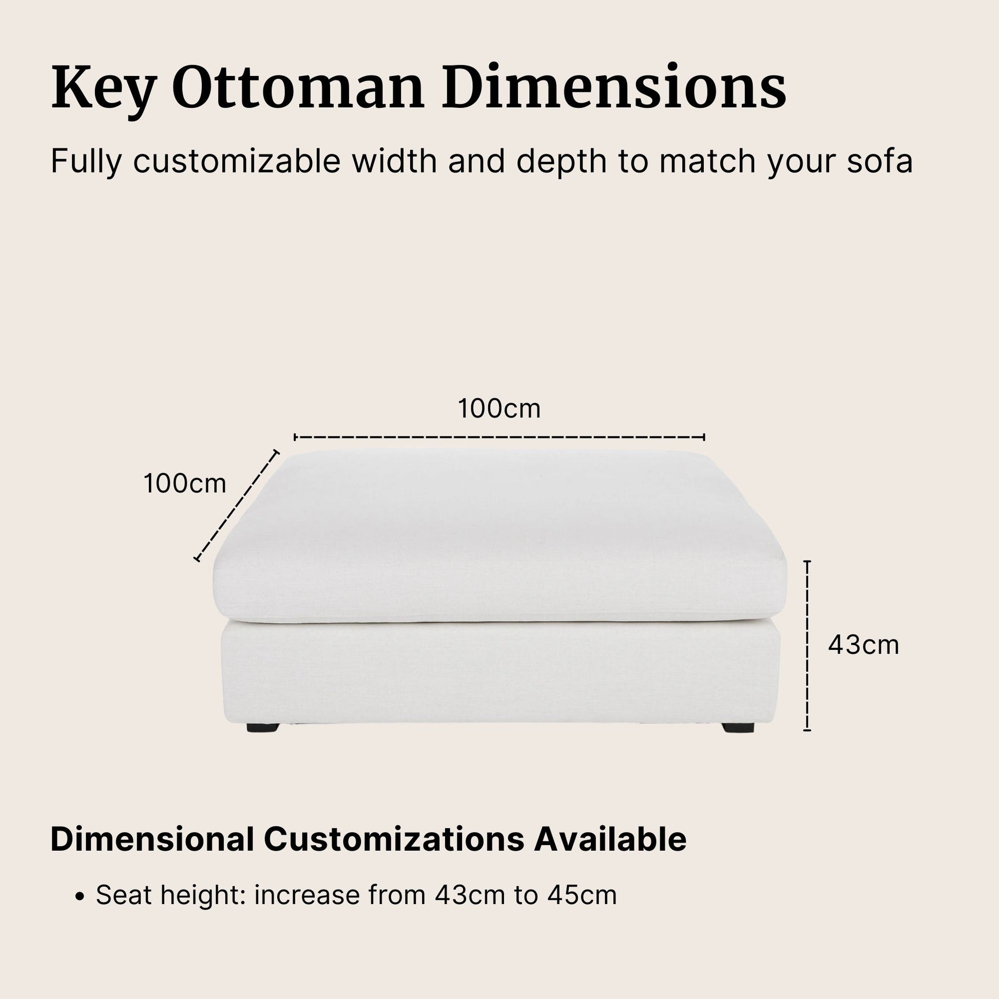 Claudia fabric ottoman dimensions and customizable options on a beige background