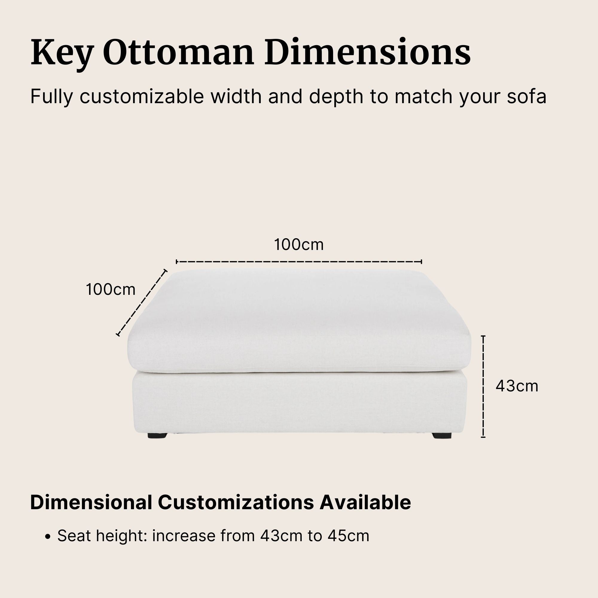 Claudia fabric ottoman dimensions and customizable options on a beige background