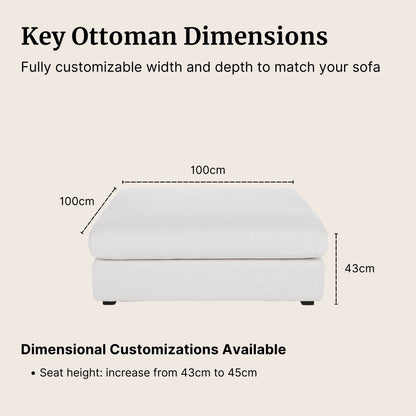 Claudia fabric ottoman dimensions and customizable options on a beige background