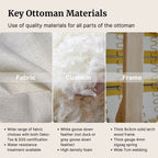 Key ottoman materials including fabric, cushion, and frame with close-up details and text description.