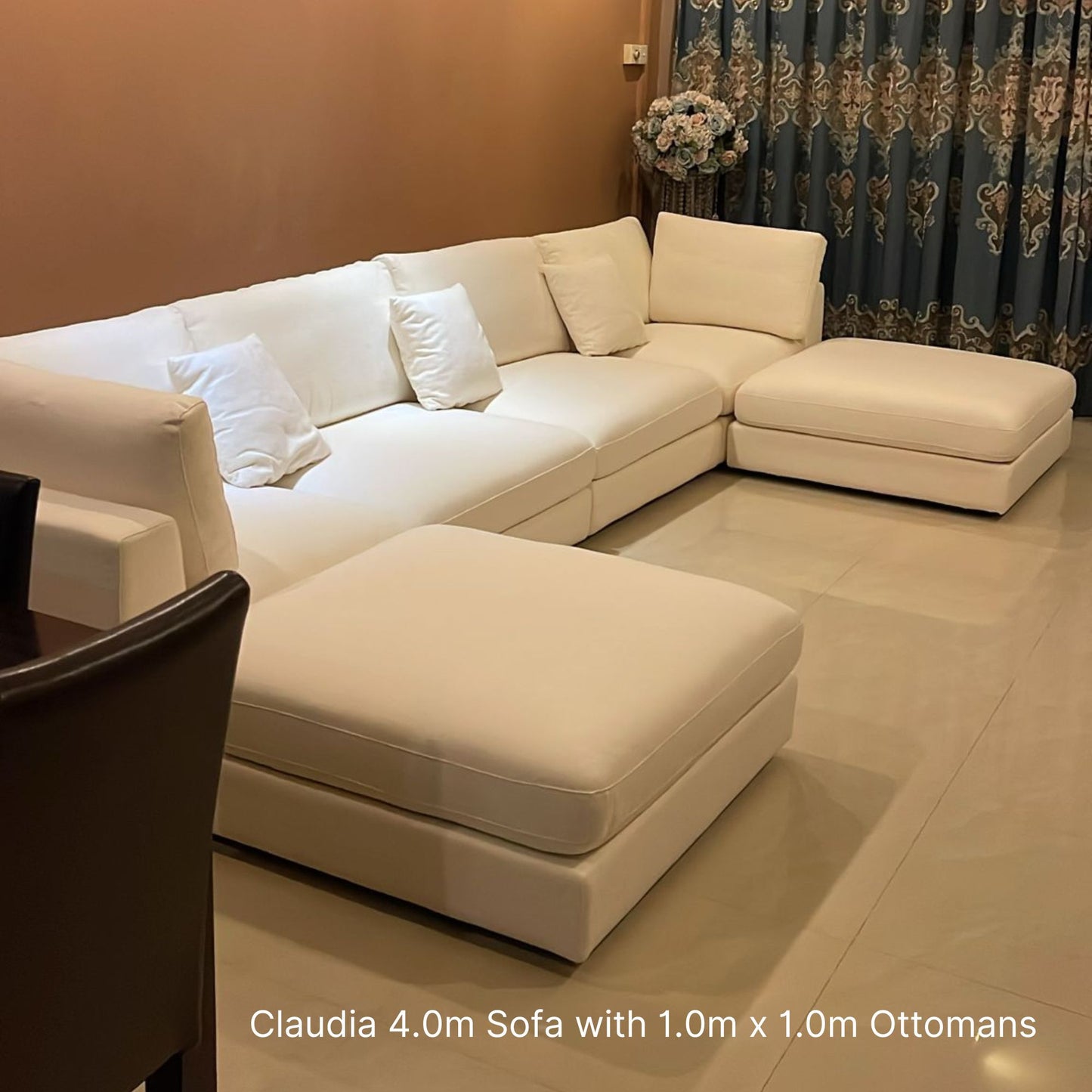 2 Claudia fabric ottoman at 100cm x 100cm together with a 4.0m Claudia fabric sofa