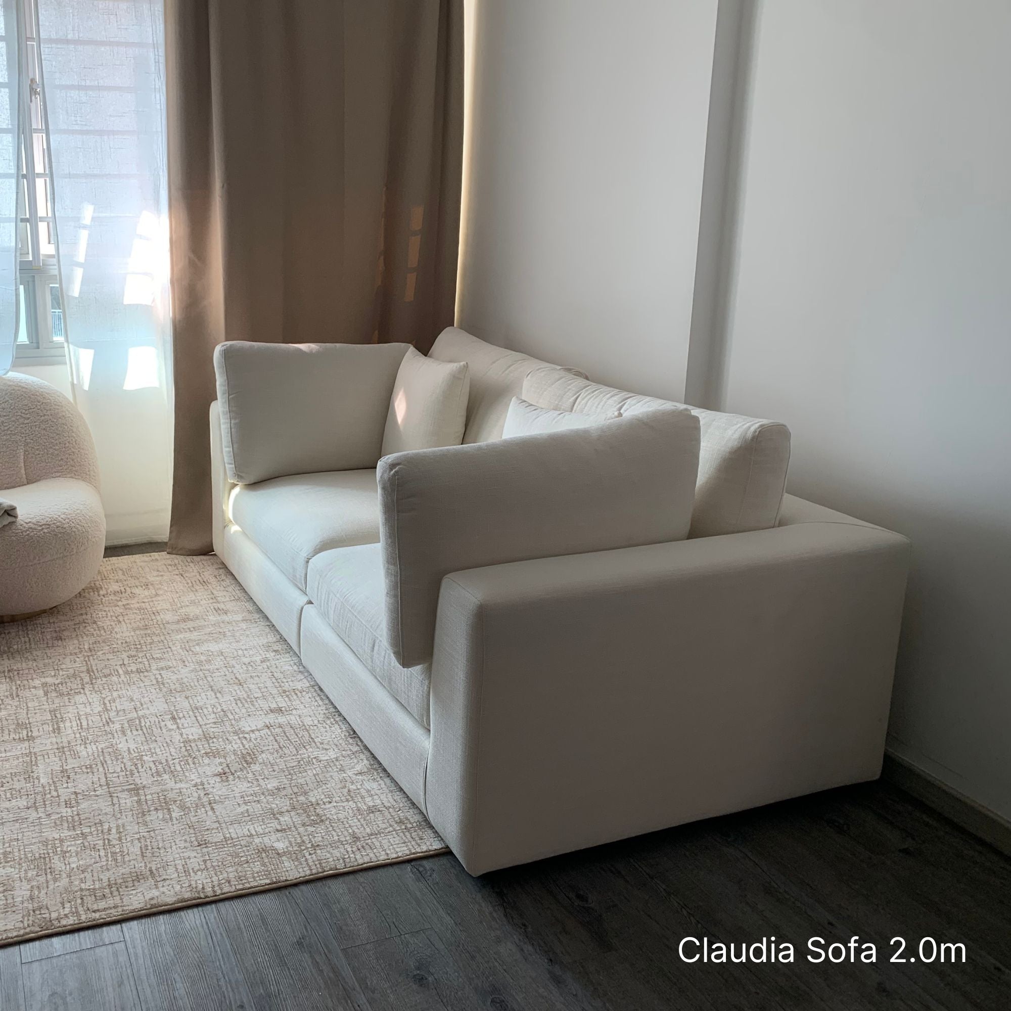 Claudia 3 seater white fabric sofa at 2.0m