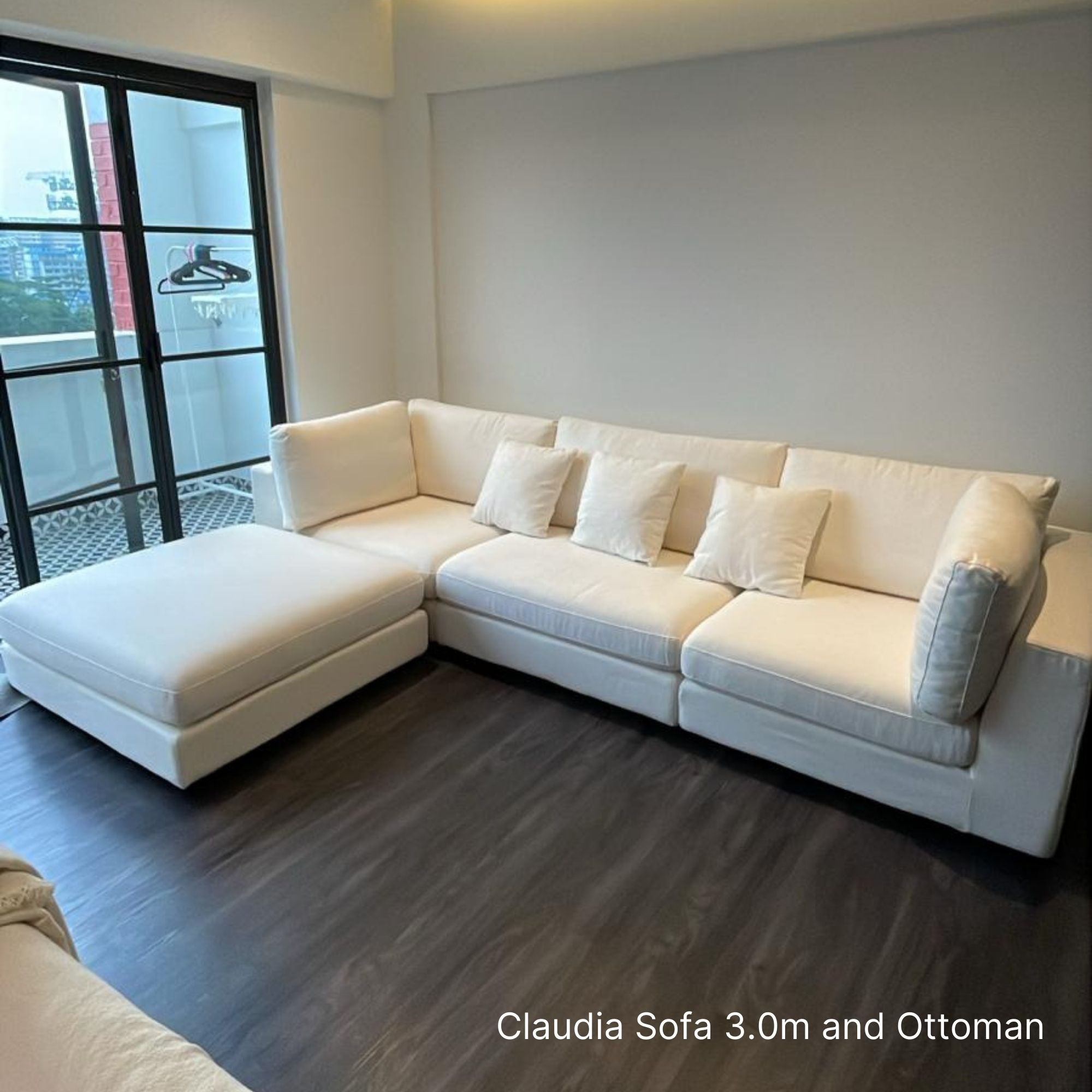 Claudia 5 seater white fabric sofa at 3.0m with ottoman