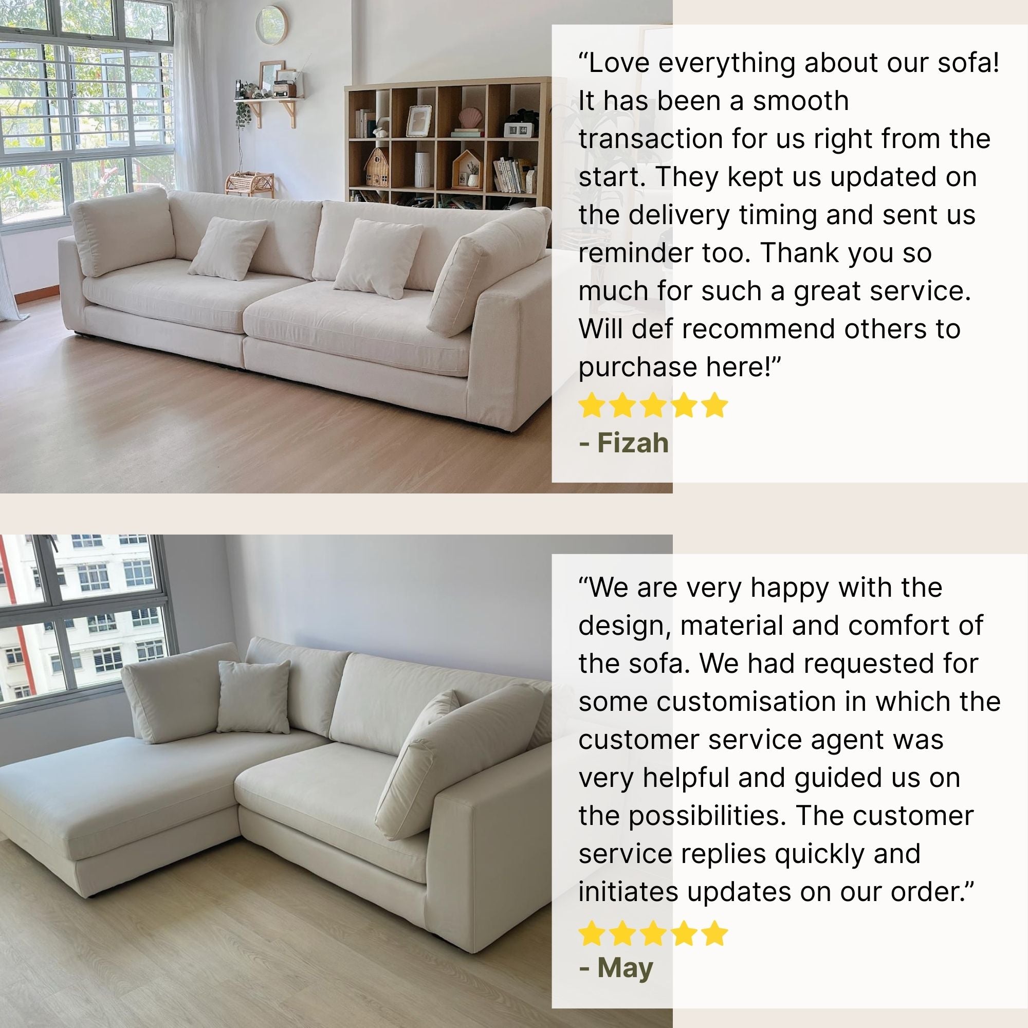 Claudia fabric sofa customer reviews for 4 seater model at the top and 4 seater L shape model at the bottom