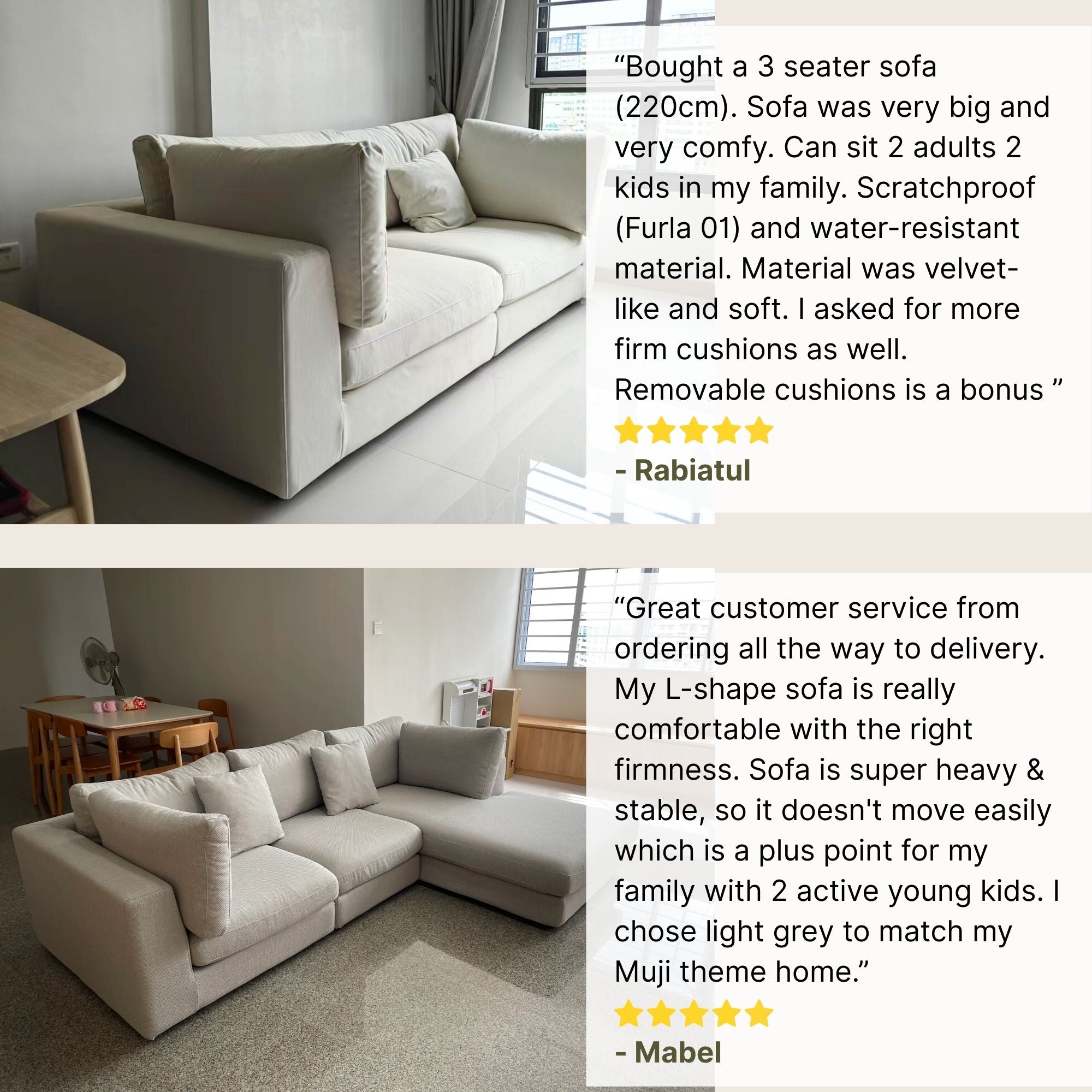Claudia fabric sofa customer reviews for 3 seater model at the top and 4 seater L shape model at the bottom
