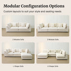Different modular combinations available for Claudia fabric sofa such as sofa, L shape sofa, sofa and ottoman, corner sofa and u shape sofa