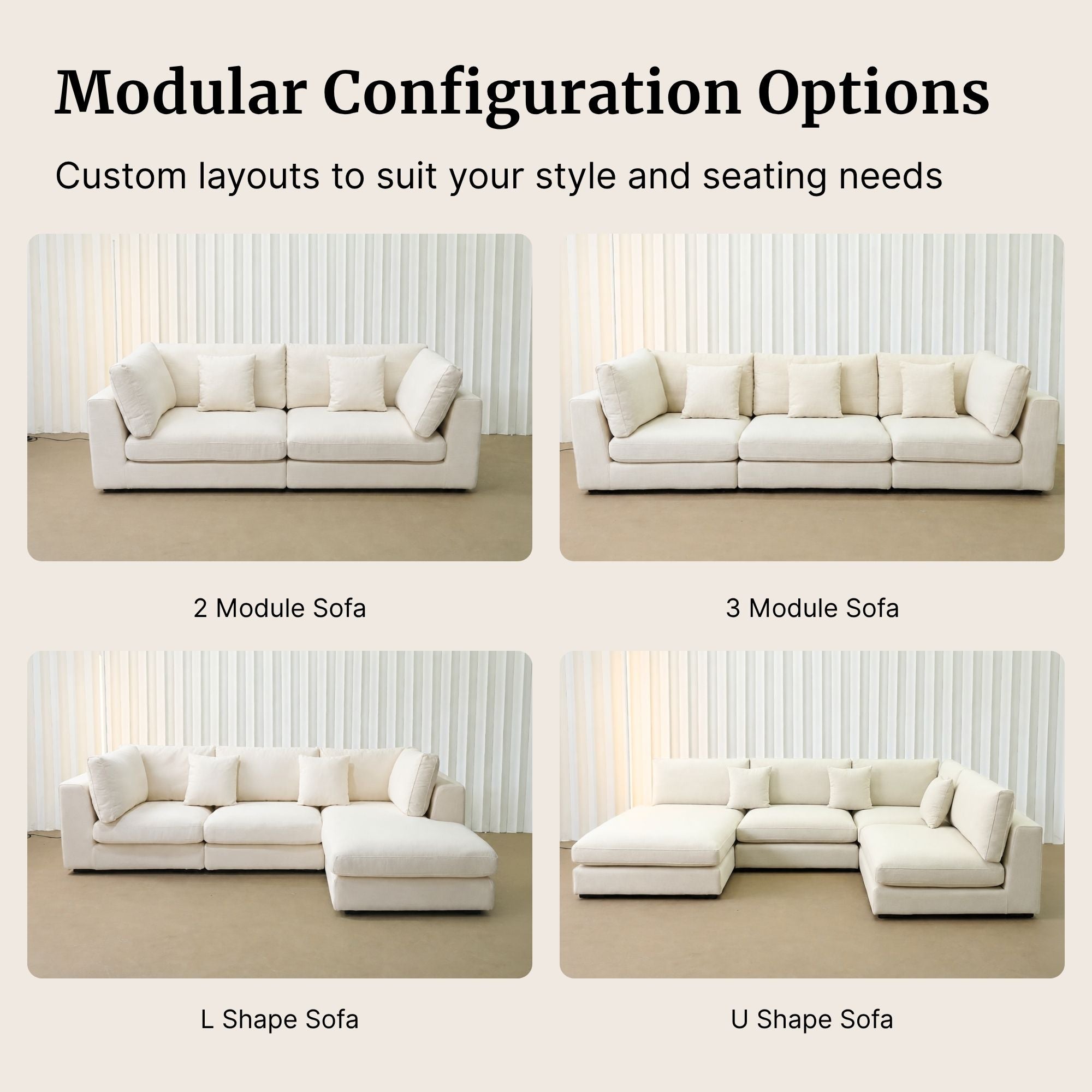 Different modular combinations available for Claudia fabric sofa such as sofa, L shape sofa, sofa and ottoman, corner sofa and u shape sofa