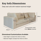 Key dimensions for Claudia fabric sofa in white, such as backrest height, seat depth, armrest width and overall depth.