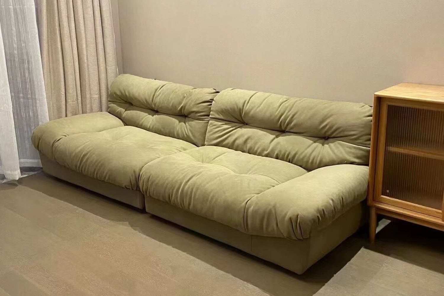 Clora 260cm green suede fabric sofa in real homes