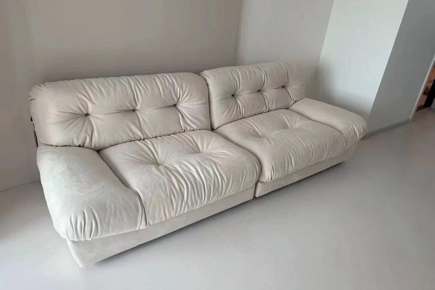 Clora 260cm white suede fabric sofa in real homes
