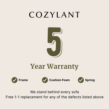 Cozylant 5-year warranty graphic with a beige background