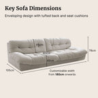 White sofa with dimensions labeled on a beige background