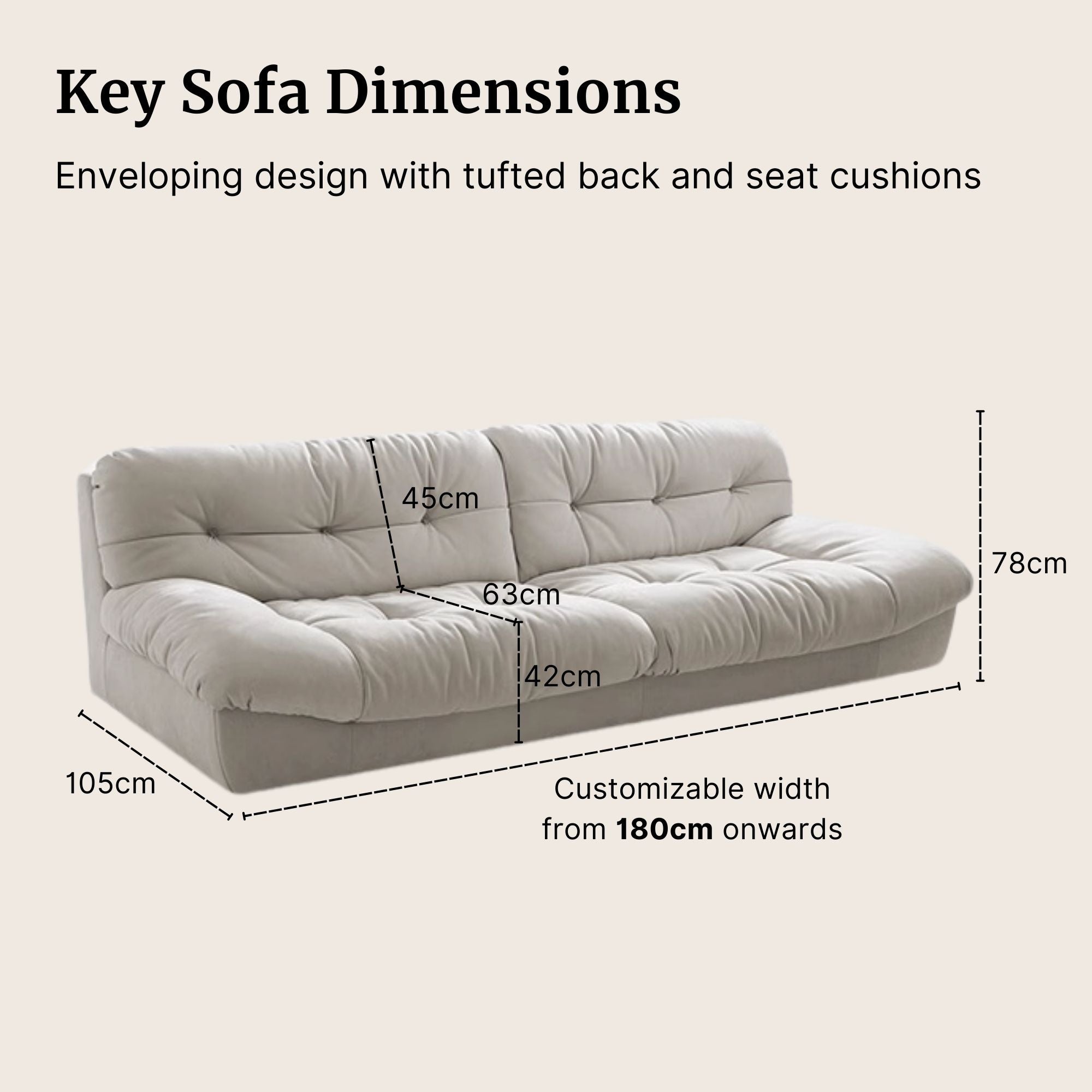 White sofa with dimensions labeled on a beige background