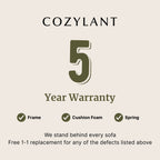 Cozylant 5-year warranty graphic with a beige background