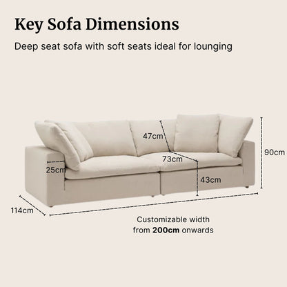 Cloud sofa key dimensions such as backrest height seat height shown on cloud beige fabric sofa